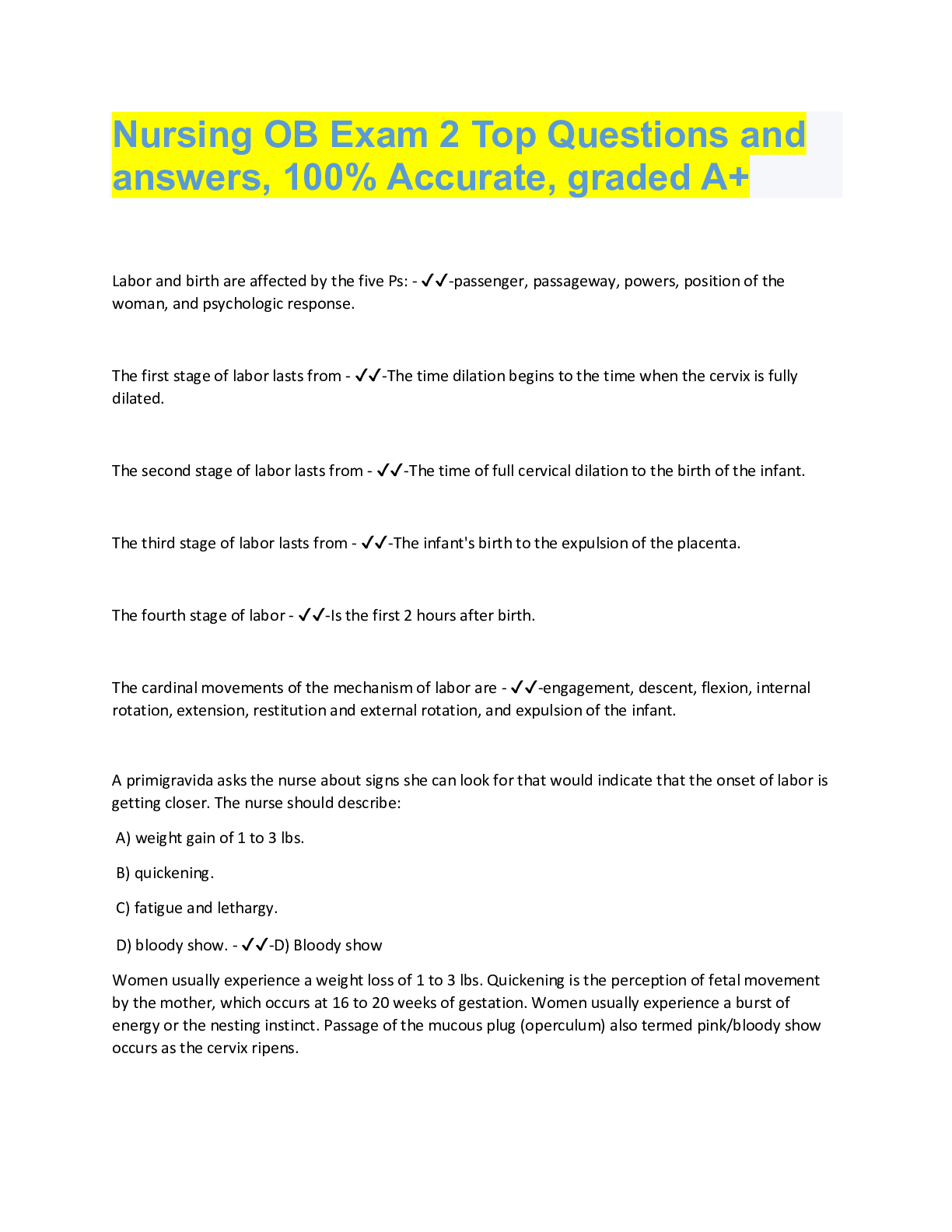 Nursing OB Exam 2 Top Questions and answers, 100 Accurate, graded A+